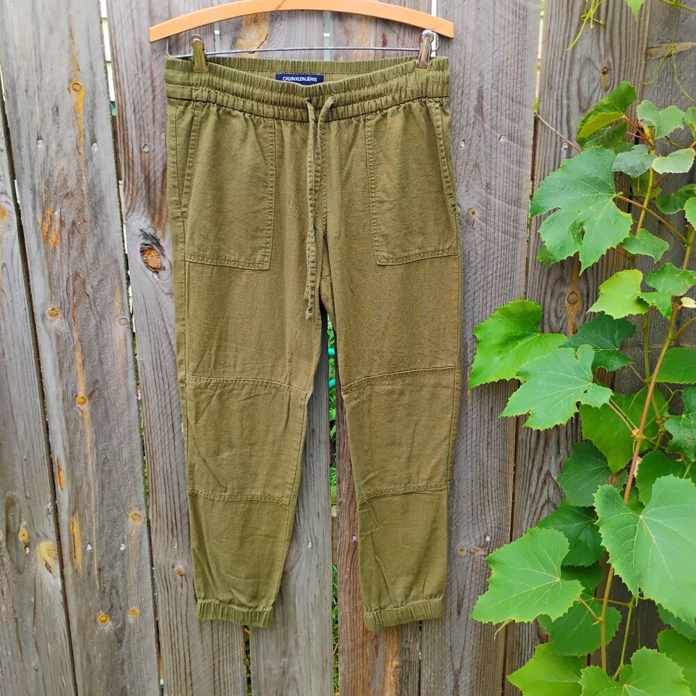 Calvin Klein Linen Blend Olive Green Cargo Jogger Pants Size 4 Cuffed Earthy